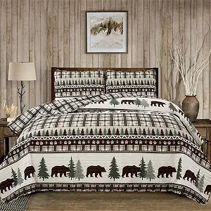 Market & Place 3 Piece Reversible Quilt Set with Shams | All-Season Soft & Lightweight Bedspread | Rustic Lodge Cabin Printed Plaid Design | Cedar Creek Collection (Full/Queen, Chocolate/Green)