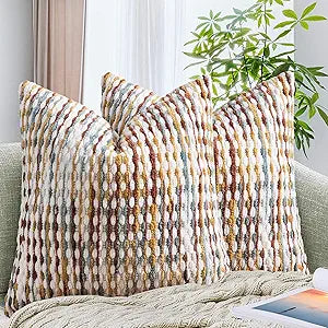 AmHoo Set of 2 Boho Chenille Pillow Cover Decorative Tufted Pillowcase for Couch Bed Sofa Bedroom Living Room Modern 20 x 20-Inch Brown