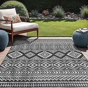 Beverly Rug Waikiki Boho Indoor Outdoor Rug 9x12, Washable Outside Carpet for Patio, Deck, Porch, Bohemian Area Rug, Farmhouse Rugs, Aztec Tribal Rug, Black and White