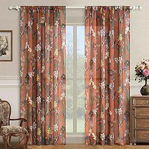 Schweek Boho Terracotta Curtains 84 Inch Length Farmhouse Linen Floral Vintage Curtains 2 Panels Set Botanical Burnt Orange Semi Sheer Curtain Drapes for Living Room Dining Room Kitchen