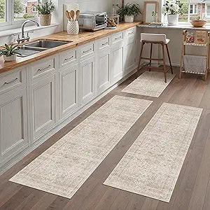 Vintage Kitchen Rug Set of 3 Washable Beige Kitchen Mats for Floor Non-Slip Kitchen Runner Rug Soft Low Pile Distressed for Bathroom Laundry Hallway Sink Entryway