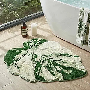 Luxury Sage Green Leaf Bathroom Mat Monstera, 32.3"x36.6" Extra Soft, Absorbent Washable Tufted Bath Rug, Non-Slip TPR Backing, Plush Shaggy Bath Carpet for Floor, Bathtub