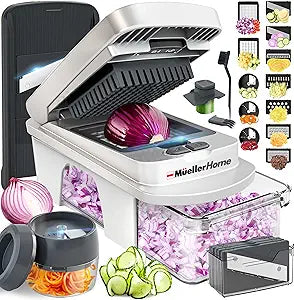 MUELLER HOME Pro-Series All-in-One, 12 Blade Mandoline Slicer for Kitchen, Food Chopper, Vegetable Slicer and Spiralizer, Cutter, Dicer, Grater, Kitchen Gadgets Sets with Container, White Sand/Gray