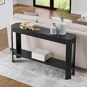 Alaterre Furniture Fluted Solid Wood Console Table - 56 Inch Modern Entryway Table with Storage Shelf - Easy Assembly Living Room Furniture for Behind The Couch, Entryway, or Hallway (Black)