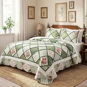 Cmfshape Garden Floral Quilt Bedspread Queen Size,3 Piece Patchwork Green Quilt Se,Summer Bedding Set for Girls Women,Soft Lightweight Bed Coverlet for All Seasons(Queen92x96 Green)