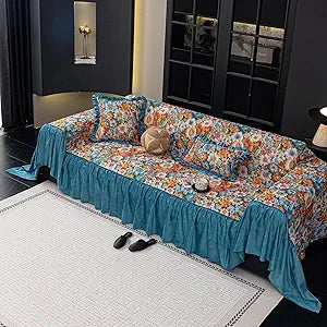 ROOMLIFE Ruffle Couch Covers for 2-3 Cushion Couch Sofa Washable, Vintage Sofa Slipcover Furniture Protector for Pets, Non Slip Soft Farmhouse Country Floral Pattern couches Covers,67''X118
