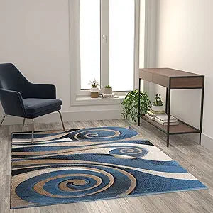 Flash Furniture Coterie Collection Modern Circular Patterned Indoor Area Rug - Blue and Beige Olefin Fibers with Jute Backing - 5' x 7'