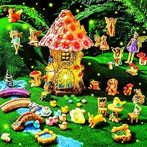 Poen 8'' Solar Light up Fairy House Garden 6-8 Fairy Figures Garden Accessories Kit Animals Doll House Decor Outdoor Micro Landscape Ornaments(Pink)