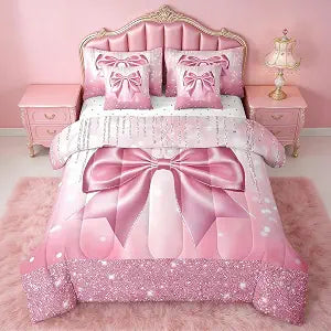 Feelyou Kids Pink Bowknot 7 Pieces Bedding Set Full Size, Dreamy Princess Comforter Set with Sheets Boys Girls Glitter Bed in A Bag Watercolor Bow Teens Bed Set Bedroom Decor 7Pcs