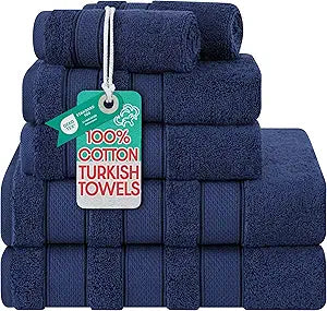 American Soft Linen Salem Turkish Bath Towel Set, 100% Cotton 600 GSM 6 Piece Towels for Bathroom, 2 Bath Towels 2 Hand Towels 2 Washcloths, Navy Blue