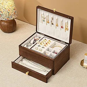 Black Walnut Wooden Jewelry Box for Women, 3 Layer Solid Wood Jewelry Organizer fixture Drawer and Removable Tray for Necklace Ring Earrings Watch Bracelet, Velvet Lined Case Gifts for Mom, Girls