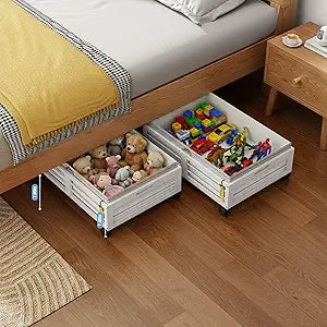 Under Bed Storage Containers with Wheels, Larger Bamboo Wood Under Furniture Storage Containers with Dust BagsRolling for Shoes Clothes