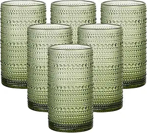 16oz Hobnail Drinking Glasses Set of 6, Vintage Large Capacity Embossed Green Tumblers, Highball Glasses for Water, Cocktail, Beer, Whiskey, Juice & Bar Use