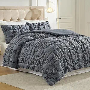 Amlie Home Grey Bubble Comforter Set King Size, 3 Pieces Ultra Soft Cozy Bedding Set for All Seasons, Farmhouse Luxury Gift for Women Home Decor