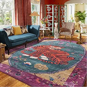 5X7 ft Tiger Rug Washable Oriental Traditional Animal Print Purple-Green Floral Tibetan Rugs for Bedroom Kitchen Living Room Indoor Entryway Carpet Thin Rug