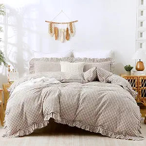 ATsense Tan Gingham Duvet Cover Bedding Set 100% Washed Cotton Like Linen Feel Soft Breathable 3 Pcs Brown Plaid Checkered Cute Ruffle Comforter Cover Set (King 104"x90", No Comforter)