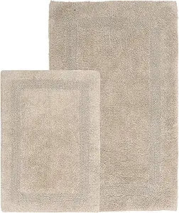 WOVEN ST. Reversible Tufted Bath Rugs | Area Rugs for Spa, Vanity Shower, Bathrooms, Kitchen, Bedroom | Water Absorbent Linens | 100% Cotton | Pack of 2 | 17 x 24 & 21 x 34 Inches | Taupe