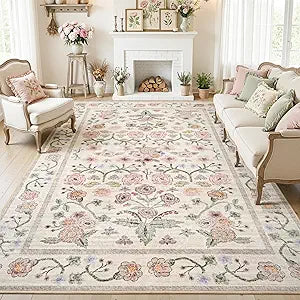 Maxsoft 8x10 Area Rugs for Living Room Bedroom, Floral Vintage Large Rug with Rubber Backing: Soft Non-Slip and Washable Low Pile Throw Carpet for Dining Room Kitchen Home Decor, Pink