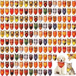Sweetude 150 Pcs Fall Thanksgiving Plaid Dog Bandanas Bulk Thanksgiving Pet Scarf Bibs Puppy Bandana Adjustable Washable Kerchief Pet Costume Accessories Grooming Supplies for Small to Large Cats Dogs