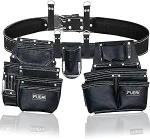 FUERI Leather Tool Belts for Men, Heavy-Duty Durable Carpenter Tool Rig Organizer With 19 Pockets-2 Pouches, Double Hammer Holder, Suspender Loops, And A Foam-Padded Belt for Framers, And Electricians