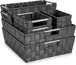 Sorbus Set of 9 Woven Storage Baskets  Mesh Hand-Woven Baskets for Organizing, Fabric Storage Bins for Linen Closet Organizer, Storage Baskets for Shelves, Home Organization and Decor (Gray)
