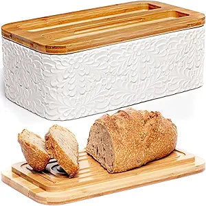 Engraved Ceramic Bread Box for Kitchen Countertop - Multipurpose Bread Storage Container with Thick Bamboo Cutting Board Lid - Elegant Bread Bin with Nature-Inspired Engraving - 13.8" x 7.9" x 5"