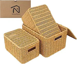 Baskets with Handles, Wicker Storage, Shelf Boxes for Organizing, Stackable Woven Bins, Decorative Lidded Resin, Set of 3, Amber