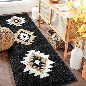 DEXDE Bathroom Runner Rug 24x60 Aztec, Non-Slip Machine Washable Long Bath Mat, Boho Tribal Geometric Soft Absorbent Carpet for Bathroom Kitchen Hallway, Black & Cream
