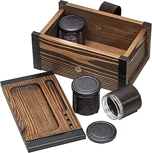 SPLENDSTOR Large Kit - Wooden Storage Box with Decorative Tray & Pack of 3 UV Blocking and Airtight Glass Jars for Herbs/Accessories - Unique Portable Men Gift Set