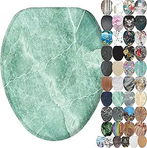 SANILO Wooden Toilet Seat with Soft Close [ELONGATED] - Decorative, Quiet & Slow Close Molded Wood Seat - With Strong Bumpers & Hinges - Adjustable Fit - Marble Green
