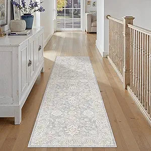 2x8 Blue Cream Washable Runner Rug for Kitchen Hallway Neutral Floral Soft Non Slip Rug Low Pile Distressed Carpet for Bathroom Bedroom Indoor Nursery
