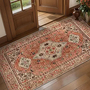 Tangsoo Boho Kitchen Rug 2x4 Washable Rugs for Entryway, Vintage Non Slip Small Rugs Front Door Mat Indoor Entrance, Terracotta Soft Low Pile Throw Rug Small Carpet for Entry Bedroom Living Room