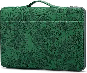 Kinmac Embossed PU Leather 360 Heavy Duty Protective Laptop Sleeve with Poacket (Green Leaves, 14 inch-14.6 inch)