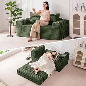 MAXYOYO Convertible Sofa Bed, 2 in 1 Folding Couch Bed for Small Space, Pull Out Loveseat Sofa Couch with Large Back Pillow, Plush Fabric Lounge Couch for Living Room, Apartment, Dark Green
