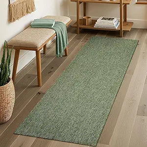 Uphome Kitchen Runner Rug, 2x6 Washable Boho Rug Runners for Hallways Non Slip, 6ft Low Pile Woven Cotton Modern Carpet Runners, Stain Resistant Bedroom Runner Rug for Hallway Entryway Entrance, Green