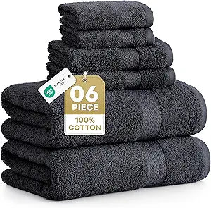 LANE LINEN 100% Cotton Towel Set for Bathroom - 6 Piece - Super Soft, Hotel Quality - 2 Bath, 2 Wash cloths, 2 Hand Towels for Bathroom - Classic, Gentle on Skin, Ideal for Spa & Daily Use - Black