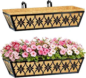 24 Inch Window Boxes Planters Railing Planter Box - 2 Pack Deck Railing Planter Boxes with Adjustable Brackets Coco Liners Balcony Planters Railing Hanging for Window Flower Boxes Outdoor Garden Decor