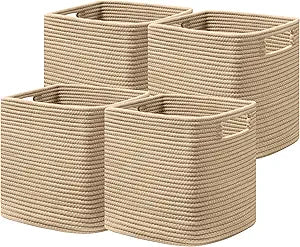 UBBCARE Set of 4 Storage Basket-13 X 13 X 13 In, Cotton Rope Basket for Shelves, Toys, Book, Cube Storage Bins with Handles, Woven Storage Basket for Organizing, Brown
