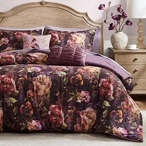 Madison Park King Size Black Comforter Set Floral, Shabby Chic Bedding Sets, 1 Soft Reversible Botanical Flowers Comforter, 2 Shams, 1 Decor Pillow, Seraphina, King | Reversible, Velvet Vintage