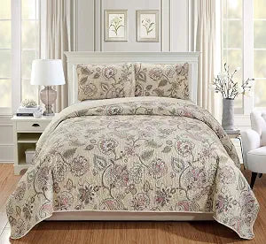 Home Collection 3pc King/California King Bedspread Quilt Set Floral Beige Pink Blue Taupe Green Flowers Leaves Over Size New