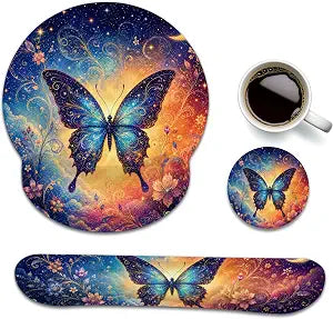 Butterfly Wrist Rest Mouse Pad 3 Piece Set with Keyboard Rest and Coaster
