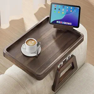 TINAMO Sofa Arm Tray with 360 Phone Holder, Clip-On Tray, Walnut Finish