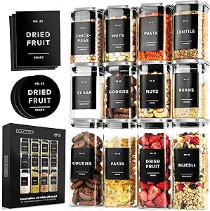 EDELHAUS Square Glass Storage Containers with Stainless Steel Lids 12-Pack (4x 30 oz, 8x 17 oz) Glass Storage Jars with Lids for Food, Stackable Glass Kitchen Canisters with 114 Labels for Pantry