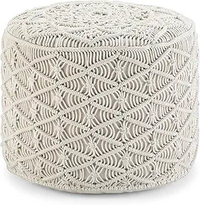 SIMPLIHOME Coates Round Pouf - 18 inch Wide Handwoven Cotton Macrame Ottoman in Natural, Boho Footstool, Decorative Pouf or Extra Seating for Living Room, Bedroom, or Kids Room, Assembled