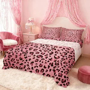 Pink Leopard Print Sheet Set Full,Cheetah Bedding Set for Kids Teens Girls,Wild Animal Skin Texture Romantic Fashion Bed Sheet Set 4pcs with Deep Pocket Fitted Sheet + Flat Sheet + 2 Pillowcases