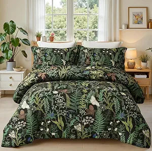 Queen Comforter Set - 3 Pieces Botanical Bedding Comforter Set, 1 Soft Green Plant Flowers Comforter (90"x90") and 2 Pillow Shams(20"x26") Ultra-Soft Comfort Suitable for All Seasons