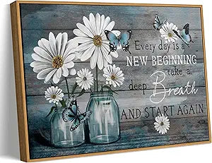 ZLXARTLA Wood Framed Daisy Wall Art Butterfly Wall Decor Inspirational Print Artwork Flower Picture Painting Still Life Suitable for Country Farmhouse Bedroom Bathroom Rustic Decoration 16x24in