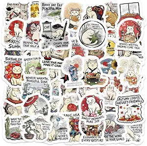 50PCS Japanese Cat Stickers Pack, Vintage Ukiyo-e Style Kitty Vinyl Stickers with Inspirational Quotes, Waterproof Aesthetic Decals for Journals Scrapbooking Laptop Water Bottle