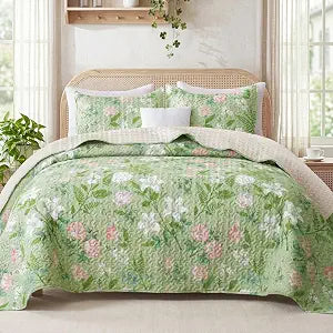 Exclusivo Mezcla Floral Quilt King Size, Green King Size Quilt Bedding Set with Blooming Vintage Garden Pattern, Reversible Lightweight Bedspreads Coverlets Bed Cover for All Seasons (104"x96")