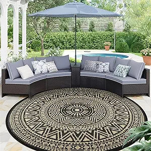famibay Outdoor Rug Waterproof 8ft Round, Reversible Boho Plastic Straw Patio Camping Area Rugs, Portable Indoor Outdoor RV Mat for Deck, Porch, Balcony, Backyard, Picnic, Beach, Pool, Black & Brown